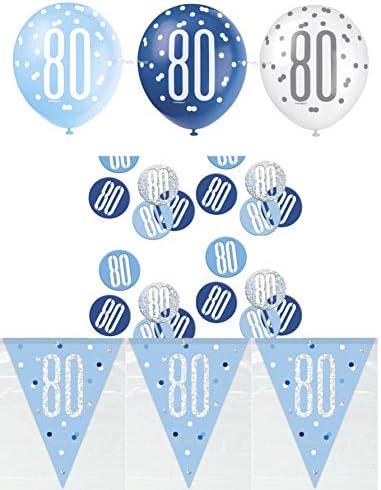 Blue Silver Glitz 80th Birthday Flag Banner Party Decoration Pack Kit Set