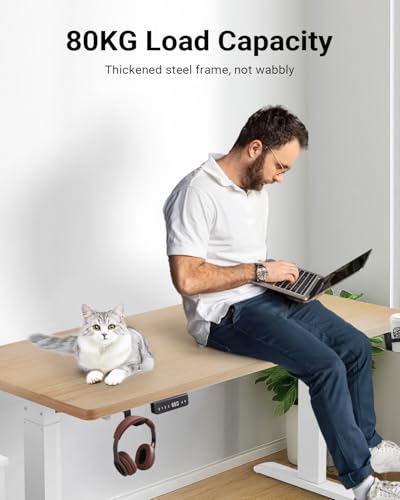 iXTRA Electric Standing Desk 140 x 60cm Height Adjustable Sit Stand up Home Office Desk with Whole Piece Desktop Computer Desk with Cable Management tray（Maple Desktop + White Frame）