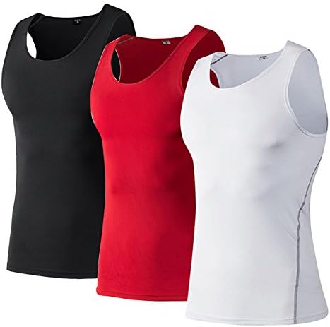 Ahmagen Men's 3 Pack Workout Compression Quick Dry Sport Tank Top (XX-Large, Black+Red+White)