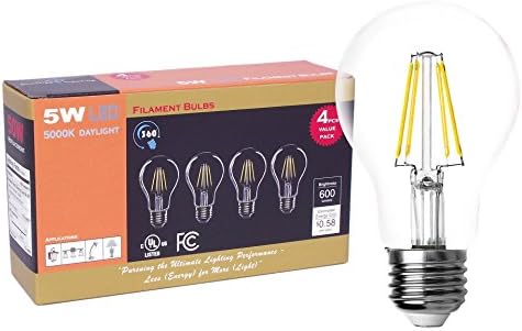 BLUEFIRE 5 Watts A19 LED Filament Bulbs, Natural Daylight LED/ 5000K, 600 Lumens, 50W Replacement, UL Listed, Non-dimmable - 4PCS Value Pack, Best for Bathroom Vanity Lighting