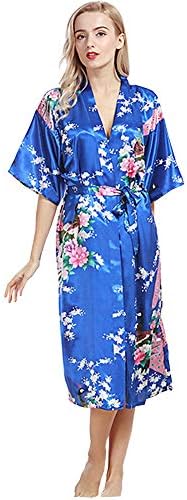 Women's Long Satin Pajamas Nightgowns Short Sleeves V-Neck and Cardigan Waist Belt Sleepwear Loungewear