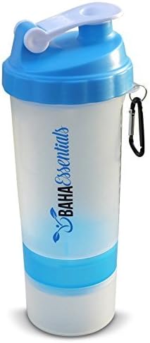 BahaEssentials Protein Shaker Bottle with Storage Compartments and Pill Tray 24 oz (Light Blue, 24 oz)