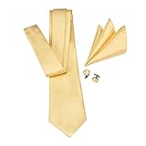Hi-Tie Mens Gold Plaid Tie Woven Silk Necktie Handkerchief Cufflinks set