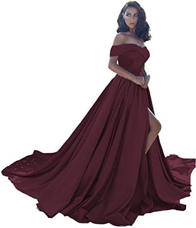 Ball Gown Off Shoulder Prom Dresses for Women Plus Size Satin Formal Gown with Slit