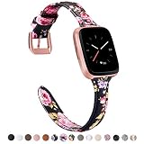 TOYOUTHS Leather Strap Compatible with Fitbit Versa/Versa 2 Bands for Women Men Slim Genuine Leather Wristbands Replacement for Versa Lite Edition/Versa SE Classic Accessorie Black/Pink Floral