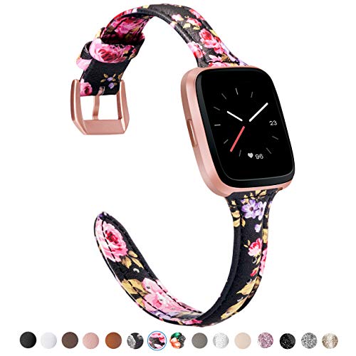 TOYOUTHS Leather Strap Compatible with Fitbit Versa/Versa 2 Bands for Women Men Slim Genuine Leather Wristbands Replacement for Versa Lite Edition/Versa SE Classic Accessorie Black/Pink Floral