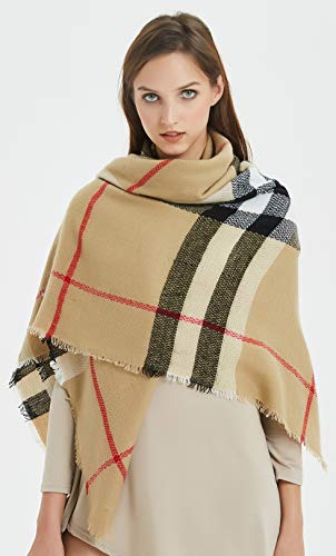 VIVIAN & VINCENT Women's Plaid Blanket Winter Scarf Warm Wrap Oversized Shawl Cape Beige - Thumbnail 2