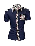 Allegra K Men Point Collar Floral Pattern Button Down Pocket Shirt M Navy Blue