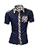 Allegra K Men Point Collar Floral Pattern Button Down Pocket Shirt M Navy Blue