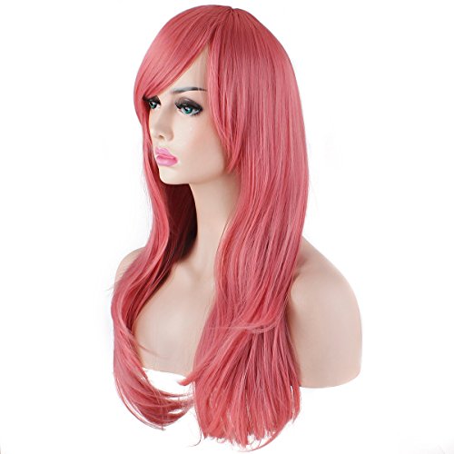 AKStore Women's Heat Resistant 28-Inch 70cm Long Curly Hair Wig with Wig Cap, Pink