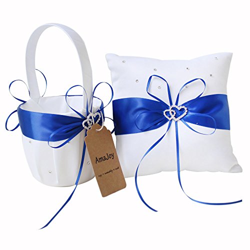 image for Amajoy 2pcs Wedding Set White Satin and Royal Blue Flower Girl Basket 