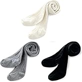 YZYANZI Girl Tights Thick Cable Knit Leggings Stockings Cotton Pantyhose 3 Pairs for 6-8 Years Little Girl Black White Grey