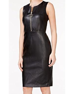 Calvin Klein Women Crewneck Faux-Leather Sheath Dress Black 14