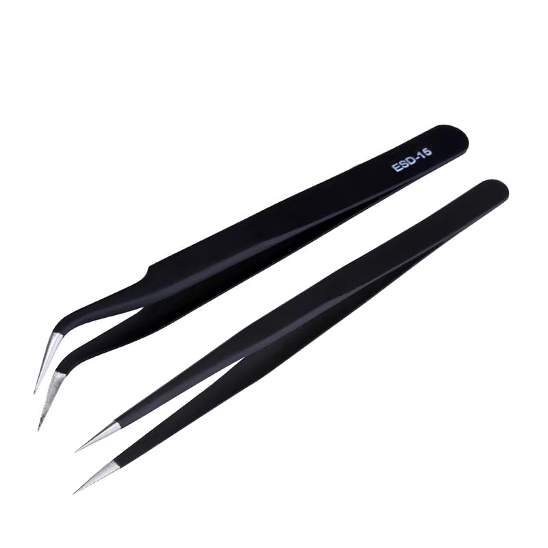 Anti-Static Precision Pointy Tweezers Set, Stainless Steel ESD Tweezers, 2 Pieces, for Electronics Repair