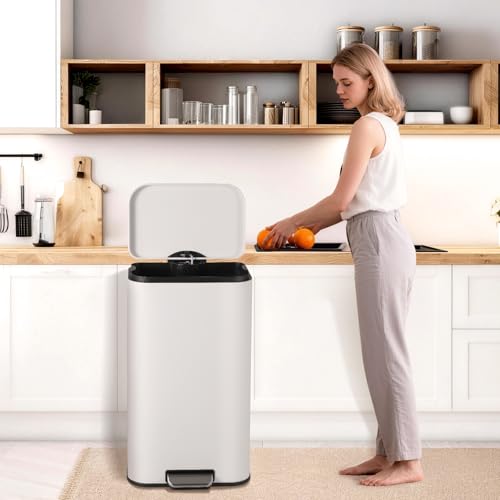 30L Stainless Steel Trash Can for Kitchen, Office, Bathroom – Rectangular, Soft-Close Lid, Foot Pedal, Removable Bucket, Fingerprint-Proof, Space-Saving,White