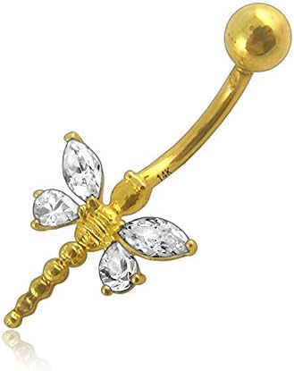 14K Solid Yellow Gold Movable Dragonfly with CZ Stone Belly Ring