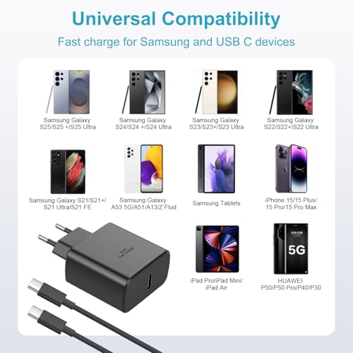 45W Fast USB C Charger for Samsung Galaxy S26 Ultra/S26+/S26/S25/S25 Ultra/S24/S23/S22/A55/A54/A16/ A56/A26 /A54/Z Fold /Flip7/6/5, USB C Mains Plug with Nylon 3M USB C Charging Cable Fast