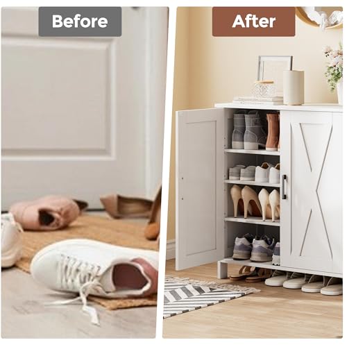 Homleke Farmhouse Shoe Cabinet with 2 Barn Doors & Wood Legs | Tall 4-Tier Shoe Storage Cabinet, 3 Adjustable Shelves, Shoe Rack Organizer, for Entryway, Hallway, Closet, White