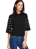 Romwe Women's Round Neck Half Sleeve Pearl Embellished Blouse Tee Tops