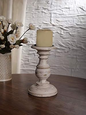 Ardour Distressed White Wooden Pillar Candle Holder For Home Decor