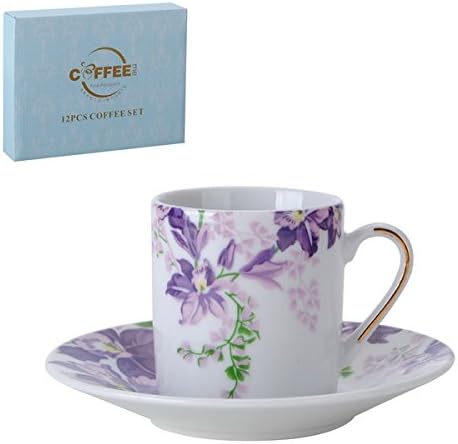 Porcelain Bone China Espresso Turkish Coffee Demitasse Set of 6 Delicate Floral Pattern Cups and Saucers (Violets)