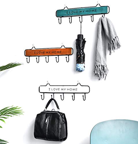 Wall-Mounted Coat Rack, 15-inch Wooden Shelving Hook Storage Key Holder with 5 Metal Hooks for Keys Towel Clothes Hats Bags Mudroom Bathroom Entryway, (2 Packs, Blue)