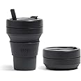 Stojo Collapsible Coffee Cup - Reusable To Go Large Pocket Size Travel Cup – Carbon, 16oz / 470ml - With Straw