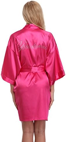 KimonoArt Satin Rhinestone Short Kimono Robe for Bride Bridesmaid Maid of Honor Wedding Party Getting Ready Robes