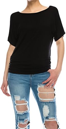 DELOA Womens Short Sleeve Boat Neck Top Dolman Drape Loose Fit - Made in USA Black Large