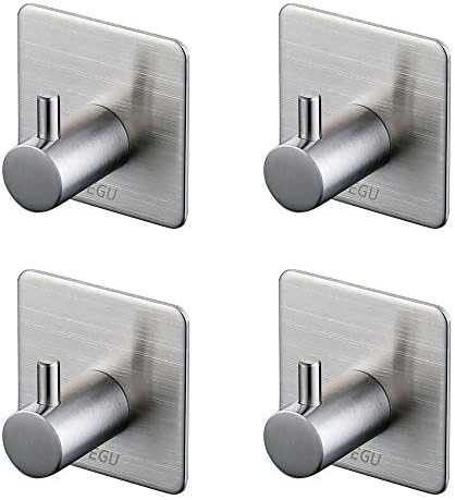 YEGU Self Adhesive Coat Hooks, Brushed Stainless Steel Towel Holder Wall Mounted Coat Rack Waterproof Oilproof Rustproof Heavy Duty Contemporary Style for Kitchen Bathrooms Lavatory Closets, 4 Pack