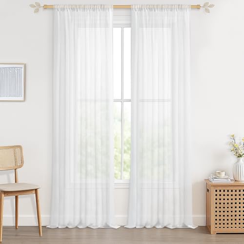 CUTEWIND Pair of Pearl White Drop Sheer Curtains 102 Inch Length Voile Top Curtains for Cafe Window Bedroom Living Room Balcony Basement Nursery Rod Pocket 2 Panels(Pure White,55" x 102")