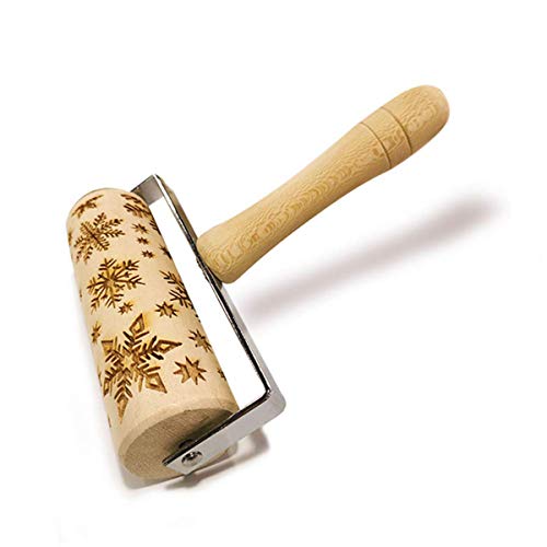 FEINASU New Design Wooden Christmas Embossing Pattern Rolling Pin, Laser Engraved Pastry Pizza Baking Roller Pin for Christmas Cookies Baking Non Stick(Christmas Snowflake)