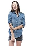 Noble U Chambray Button Down Denim Shirt with Roll-up Sleeves (Small, Med Blue Wash)