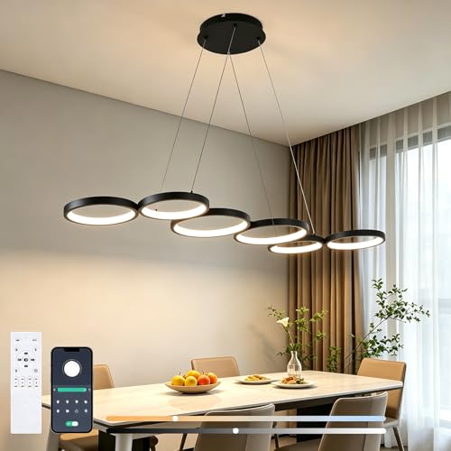 Liyabber Lampada a Sospensione LED Dimmerabile 113cm 69W Nero | Lampadario Moderno Design a 6 Anelli con Telecomando, Altezza Regolabile Lampada Sospesa per Tavolo da Pranzo, Soggiorno