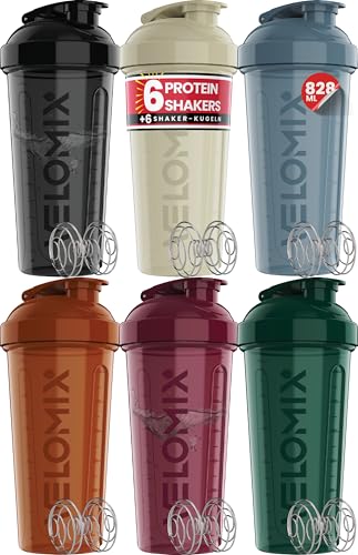 VELOMIX -6 PACK- 828ml Eiweiß Shaker - Auslaufsicher Shaker Proteinshake Mit 6x Kugel | Drehverschluss & Mess-Skala Shake Becher | Spülmaschinengeeign