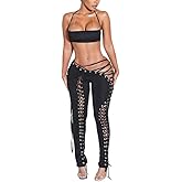 NIFTRIRY Sexy Club Outfits for Women Two Piece Set Halter Tube Tops High Waist Lace-Up Pants Matching Sets