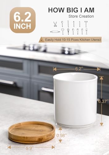 360° Rotating Utensil Holder, 7.2" Large White Ceramic Cooking Utensil Crock, Countertop-Protection Cork Bottom, Ideal for Farmhouse Kitchen Decor, White