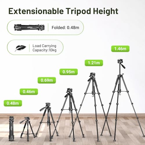 Huepar 146 cm Lightweight Portable Tripod for Laser, Adjustable Construction Tripod with 3-Way Swivel Head, Spirit Levels, 1/4 Inch and 5/8 Inch Thread Connection for Various Tools