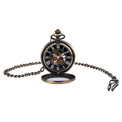 Zeiger New Mens Classic Mechanical Steampunk Pocket Watch, Stainless Steel Copper Case Skeleton Roman Design, Pocket Watch with Chain (Bronze)