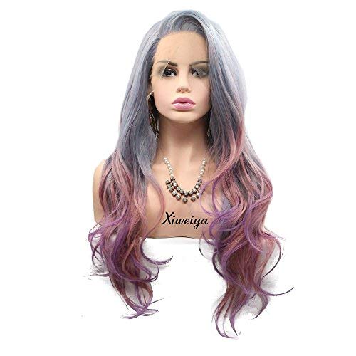 Xiweiya Long Natural Wavy Hair Lace Front Wig Side Part Ombre Grey To Pink Mixed Color Synthetic Lace Front Wig With Heat Resistant 24inch High