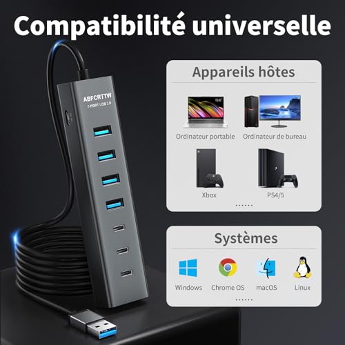 7 Port USB 3.0 Hub, Aluminium Hub with 120 cm Cable for Desktop, USB Multiport Adapter with 4 USB-A & 3 USB-C, 5V 3A Type-C for PC, Laptop, MacBook, MacBook, Mouse, Keyboard, U Disk etc
