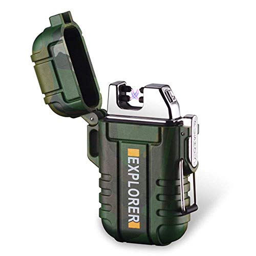 Waterproof Dual Arc Lighter,USB Rechargeable Windproof Flameless Electric Lighter with Lanyard for Outdoors Adventure Camping Hiking(Camouflage)