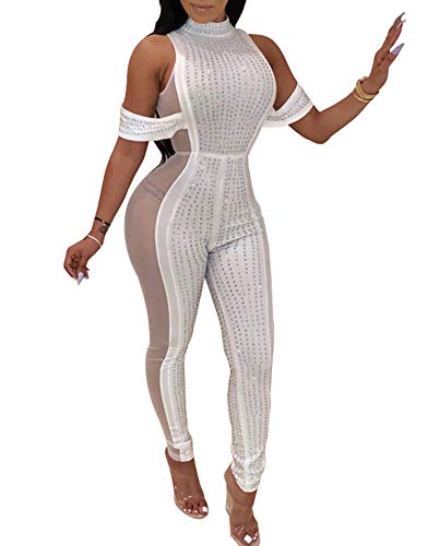Nhicdns Womens Sexy Rhinestone See Through Jumpsuit Bodycon Halter Neck Backless Romper Club wear