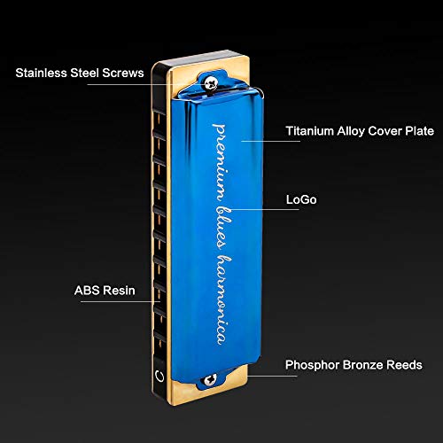 IAMGlobal Harmonica Key of C 10 Hole 20 Tone, Harmonica C Blues with Case, Cleaning Cloth, Phosphor Bronze Reeds Titanium Alloy Plated, Musical Instrument (Blue) - Thumbnail 4