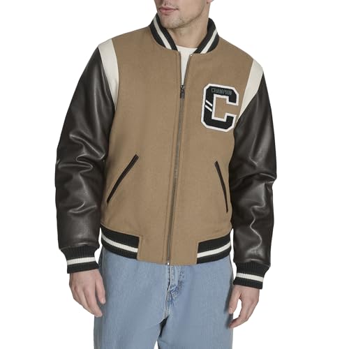 Champion Men's Letterman Varsity Bomber Jacket with Patches, Camel/Brown, Large