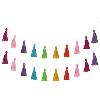 Mkono 2 Pack Cotton Tassel Garland Colored Tassels Banner Christmas Decorative Wall Hangings for Boho Home Decor,Xmas Tree Decorations Ornament, Party, Baby Shower,Nursey Dorm Room
