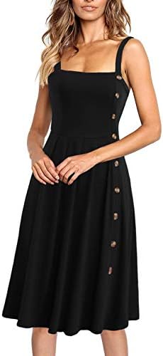 Lyrur Women's A-Line Sleeveless Cotton Pleated Casual Party Spaghetti Straps Buttons Down Flared Midi Skater Dress