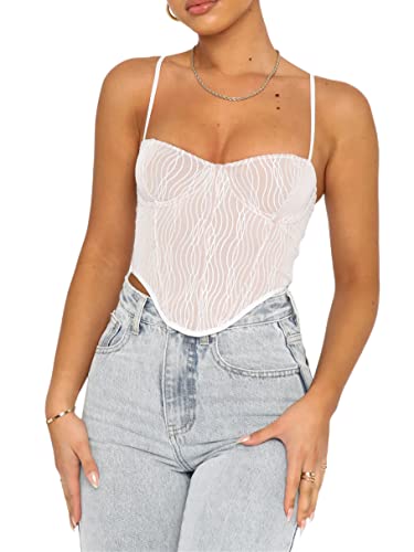 WOMEN’S SEXY MESH SPAGHETTI STRAPS CAMISOLE LOW NECK IRREGULAR HEM BUSTIER SLIM FIT TOPS Y2K ADORABLE STREETWEAR(WHITE,S)