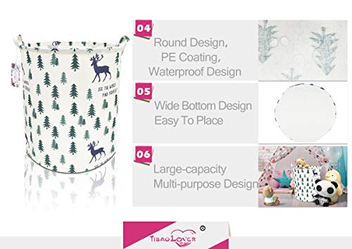 TIBAOLOVER 19.7" Large Sized Waterproof Foldable Canvas Laundry Hamper Bucket with Handles for Storage Bin,Kids Room,Home Organizer,Nursery Storage,Baby Hamper(Pine Trees and Deers) - Thumbnail 3