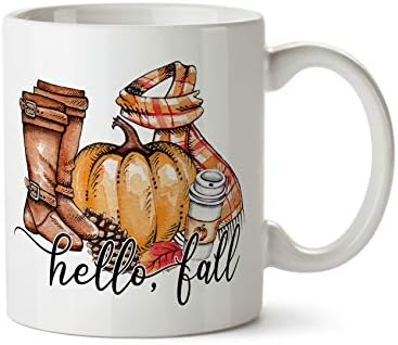 Hello Fall Autumn Pumpkin Spiced Latte Boots Scarf Halloween Gift Coffee Mug